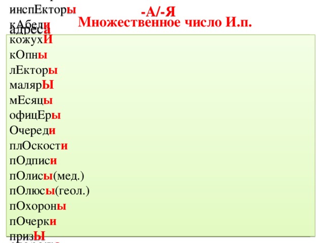 Множественное число И.п. -А/-Я -И/-Ы бухгАлтер ы адрес а  прожектор а воз Ы (=прожекторы) вОр ы вексел я вЫбор ы вензел я герб Ы директор а гОд ы доктор а гОспитал и инженЕр ы кител я инспЕктор ы кружев а кучер а кАбел и мастер а кожух И профессор а кОпн ы сорт а лЕктор ы сторож а маляр Ы шелк а мЕсяц ы офицЕр ы Очеред и плОскост и пОдпис и пОлис ы (мед.) пОлюс ы (геол.) пОхорон ы пОчерк и приз Ы прОстын и редАктор ы сажЕн и скИрд ы столяр Ы тОрт ы трЕрер ы шофёр Ы 