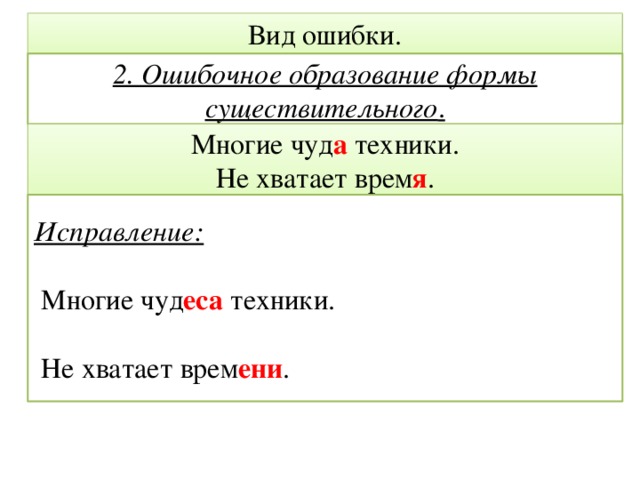 Вид ошибки. 2. Ошибочное образование формы существительного . Многие чуд а техники. Не хватает врем я . Исправление:   Многие чуд еса техники.  Не хватает врем ени . 