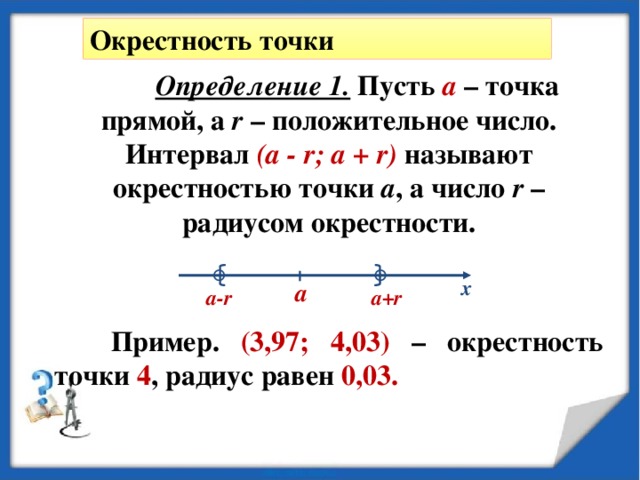 Окрестность точки Определение 1. Пусть а – точка прямой, а r – положительное число. Интервал (а - r; a + r)  называют окрестностью точки а , а число r – радиусом окрестности.   Пример. (3,97; 4,03) – окрестность точки 4 , радиус равен 0,03. х a a-r a+r 