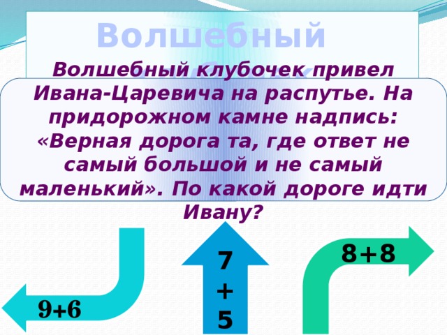 Волшебный клубочек Волшебный клубочек привел Ивана-Царевича на распутье. На придорожном камне надпись: «Верная дорога та, где ответ не самый большой и не самый маленький». По какой дороге идти Ивану? 7+5 8+8 9+6 