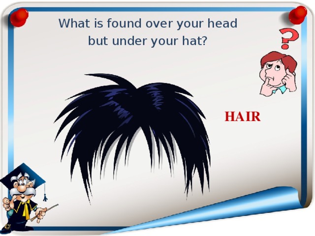 What is found over your head but under your hat? HAIR 