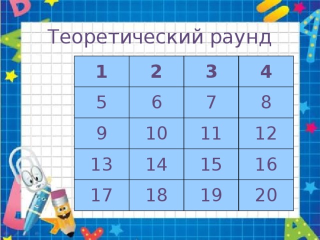 Теоретический раунд 1 2 5 6 9 3 13 10 7 4 8 14 11 17 12 15 18 16 19 20 