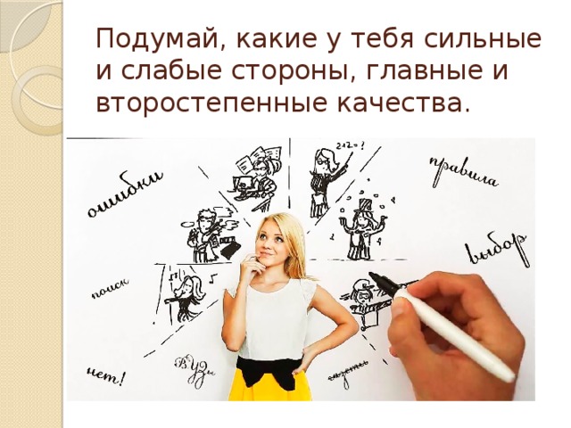 Подумай, какие у тебя сильные и слабые стороны, главные и второстепенные качества. 