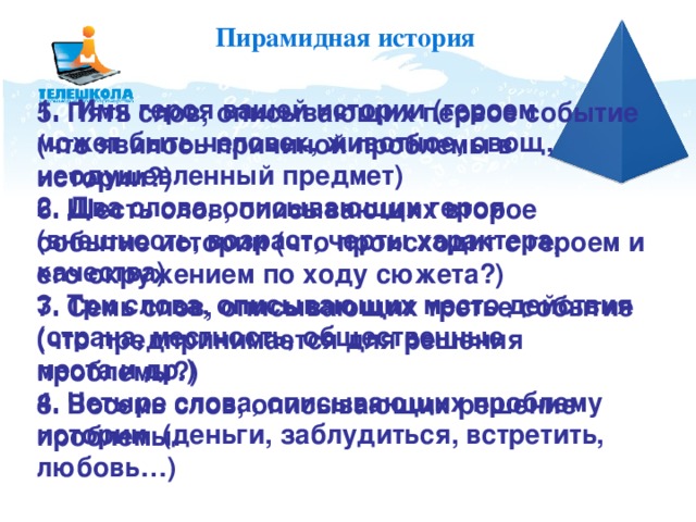  Пирамидная история     5. Пять слов, описывающих первое событие (что явилось причиной проблемы в истории?)  6. Шесть слов, описывающих второе событие истории (что происходит с героем и его окружением по ходу сюжета?)  7. Семь слов, описывающих третье событие (что предпринимается для решения проблемы?)  8. Восемь слов, описывающих решение проблемы.   Имя героя вашей истории (героем может быть человек, животное, овощ, неодушевленный предмет) 2. Два слова, описывающих героя (внешность, возраст, черты характера, качества) 3. Три слова, описывающих место действия (страна, местность, общественные места и др.) 4. Четыре слова, описывающих проблему истории (деньги, заблудиться, встретить, любовь…)    