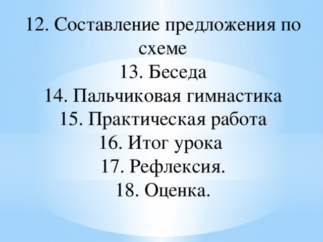 12. Составление предложения по схеме  13. Беседа  14. Пальчиковая гимнастика  15. Практическая работа  16. Итог урока  17. Рефлексия.  18. Оценка.   