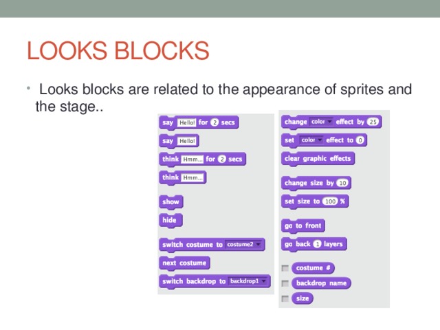 LOOKS BLOCKS Looks blocks are related to the appearance of sprites and the stage..