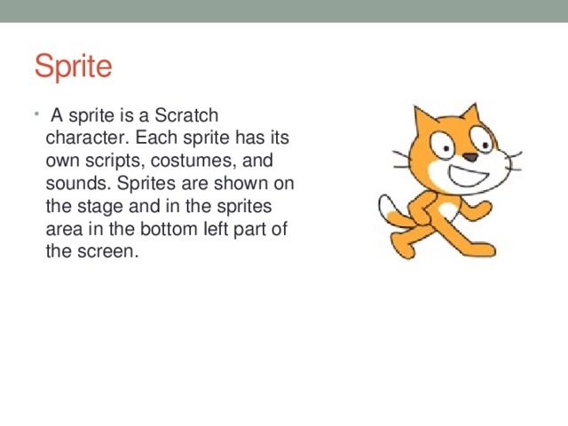 Sprite A sprite is a Scratch character. Each sprite has its own scripts, costumes, and sounds. Sprites are shown on the stage and in the sprites area in the bottom left part of the screen.