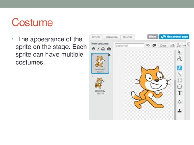 Costume The appearance of the sprite on the stage. Each sprite can have multiple costumes.