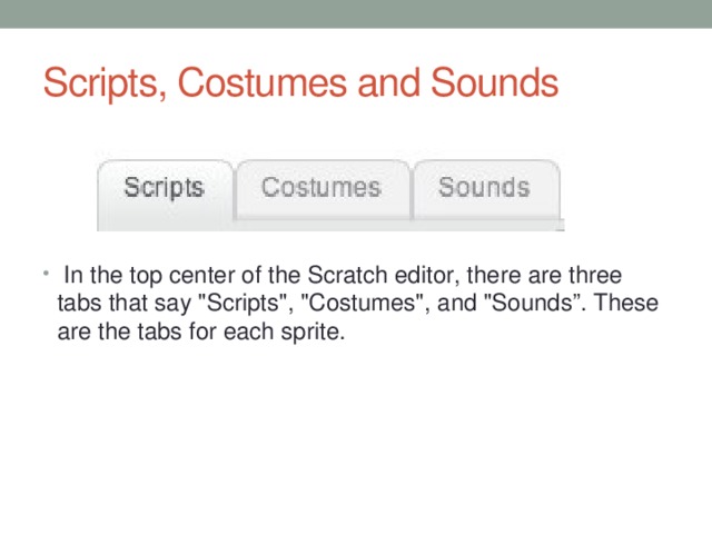 Scripts, Costumes and Sounds In the top center of the Scratch editor, there are three tabs that say