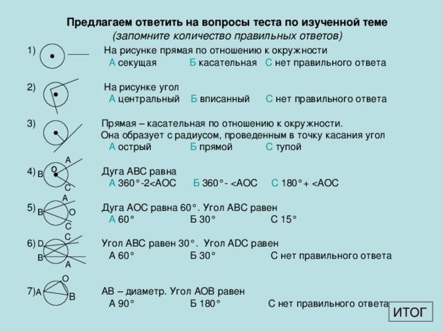 Предлагаем ответить на вопросы теста по изученной теме (запомните количество правильных ответов) 1) На  рисунке прямая по отношению к окружности  А секущая Б касательная С нет правильного ответа 2) На рисунке угол  А центральный Б вписанный С  нет правильного ответа 3) Прямая – касательная по отношению к окружности.  Она образует с радиусом, проведенным в точку касания угол  А острый Б прямой С тупой 4) Дуга АВС равна  А  360 ° -2 5) Дуга АОС равна 60 ° . Угол АВС равен  А 60 °  Б 30 ° С 15 °  6) Угол АВС равен 30 ° .  Угол А D С равен  А 60 °  Б 30 ° С нет правильного ответа 7) АВ – диаметр. Угол АОВ равен  А 90 °  Б 180 ° С нет правильного ответа А  о В  С А О В С  C D В А О  А В ИТОГ 
