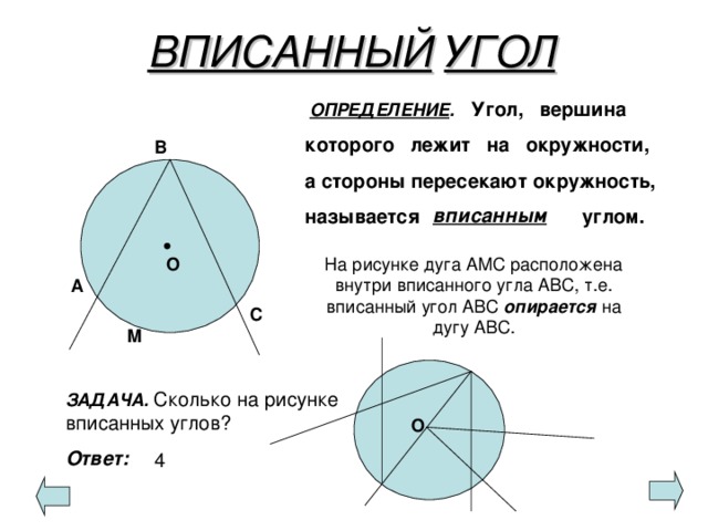 ВПИСАННЫЙ  УГОЛ  ОПРЕДЕЛЕНИЕ .  Угол, вершина  которого лежит на окружности,  а стороны пересекают окружность,  называется углом. В  вписанным На рисунке дуга АМС расположена внутри вписанного угла АВС, т.е. вписанный угол АВС опирается на дугу АВС. О А С М ЗАДАЧА.  Сколько на рисунке вписанных углов? Ответ:   О  4 