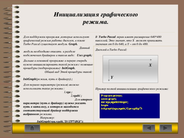 Инициализация графического режима. В  Turbo Pascal  экран имеет расширение 640*480 пикселей . Это значит ,что  Х может принимать значения от 0 до 640, а Y  – от 0 до 480. Дисплей в Turbo Pascal: Пример полной инициализации графического режима: Для поддержки программ ,которые используют графический режим работы дисплея, в языке Turbo Pascal существует модуль  Graph.  Данный модуль необходимо описать в разделе  подключения драйверов в таком виде:  Uses graph; Дальше в основной программе в первую очередь нужно инициализировать такой режим с помощью процедуры (подпрограммы)  InitGraph. Общий вид Этой процедуры такой: InitGraph( режим, путь к драйверу ) ; Для первого параметра (режим) можно использовать такие режимы :   1 .vga ;  2 .vgahi ; Для второго параметра (путь к драйверу) нужно указать путь к каталогу, в котором находится соответствующий драйвер поддержки выбранного режима.  Например:  InitGraph(vga,vgahi,’D:\TP7\BGI’); X Y 