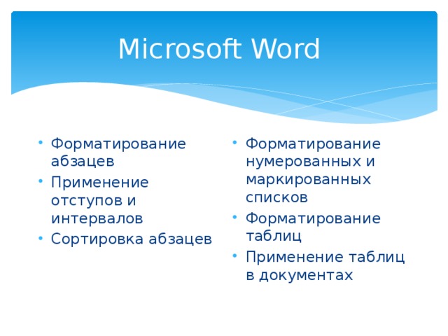 Microsoft Word Форматирование абзацев Применение отступов и интервалов Сортировка абзацев Форматирование нумерованных и маркированных списков Форматирование таблиц Применение таблиц в документах 