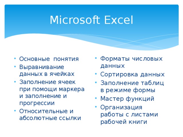 Microsoft Excel Форматы числовых данных Сортировка данных Заполнение таблиц в режиме формы Мастер функций Организация работы с листами рабочей книги Основные понятия Выравнивание данных в ячейках Заполнение ячеек при помощи маркера и заполнение и прогрессии Относительные и абсолютные ссылки 