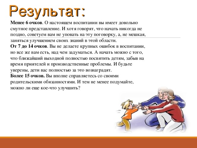 Результат: Менее 6 очков . О настоящем воспитании вы имеет довольно смутное представление. И хотя говорят, что начать никогда не поздно, советуем вам не уповать на эту поговорку, а, не мешкая, заняться улучшением своих знаний в этой области. От 7 до 14 очков . Вы не делаете крупных ошибок в воспитании, но все же вам есть, над чем задуматься. А начать можно с того, что ближайший выходной полностью посвятить детям, забыв на время приятелей и производственные проблемы. И будьте уверены, дети вас полностью за это вознаградят. Более 15 очков. Вы вполне справляетесь со своими родительскими обязанностями. И тем не менее подумайте, можно ли еще кое-что улучшить? 