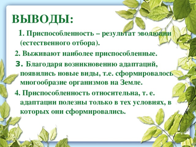 ВЫВОДЫ:  1 . Приспособленность – результат эволюции (естественного отбора).  2. Выживают наиболее приспособленные.  3. Благодаря возникновению адаптаций, появились новые виды, т.е. сформировалось многообразие организмов на Земле.  4. Приспособленность относительна, т. е. адаптации полезны только в тех условиях, в которых они сформировались.  