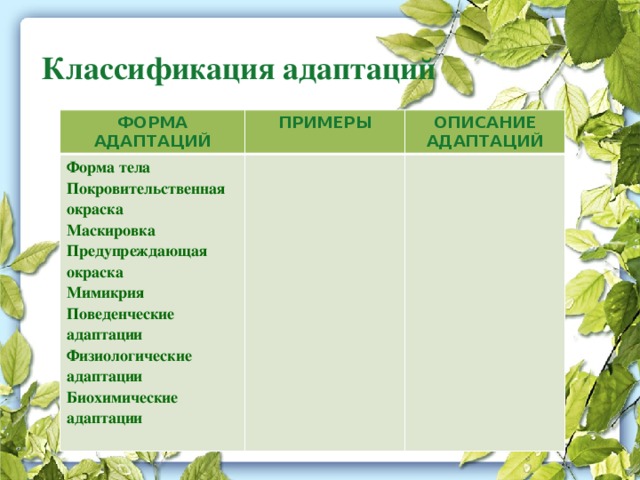 Классификация адаптаций   ФОРМА АДАПТАЦИЙ ПРИМЕРЫ Форма тела ОПИСАНИЕ АДАПТАЦИЙ Покровительственная окраска Маскировка Предупреждающая окраска Мимикрия Поведенческие адаптации Физиологические адаптации Биохимические адаптации 