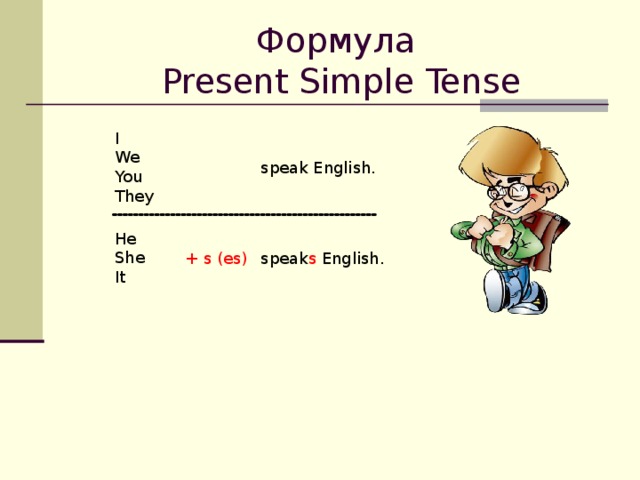 Формула   Present Simple  Tense I We You They speak English. He She It + s (es) speak s English.