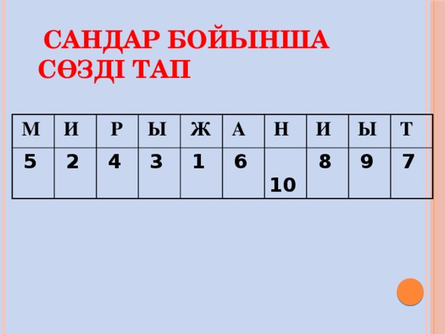  Сандар бойынша сөзді тап  М  И  5  2  Р  Ы  4  3  Ж  А  1  6  Н  10  И  8  Ы  Т  9  7 