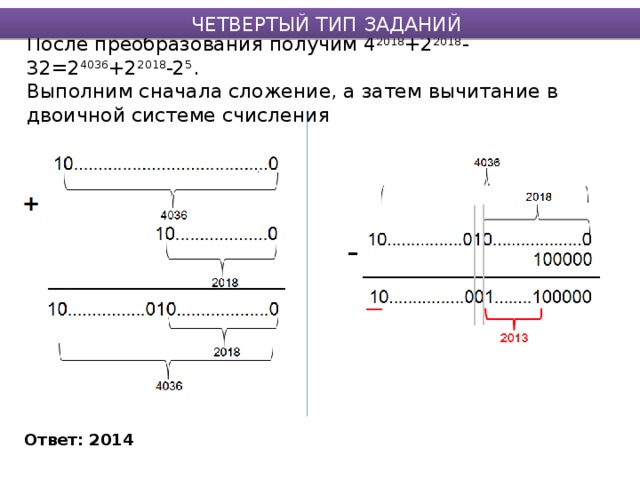 ЧЕТВЕРТЫЙ ТИП ЗАДАНИЙ После преобразования получим 4 2018 +2 2018 -32=2 4036 +2 2018 -2 5 .  Выполним сначала сложение, а затем вычитание в двоичной системе счисления Ответ: 2014 