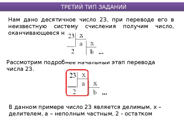 ТРЕТИЙ ТИП ЗАДАНИЙ Нам дано десятичное число 23, при переводе его в неизвестную систему счисления получим число, оканчивающееся на цифру 2. Рассмотрим подробнее начальный этап перевода числа 23. В данном примере число 23 является делимым, х – делителем, а – неполным частным, 2 - остатком 