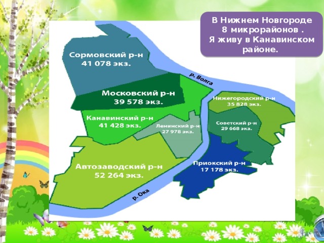 В Нижнем Новгороде  8 микрорайонов . Я живу в Канавинском районе. 