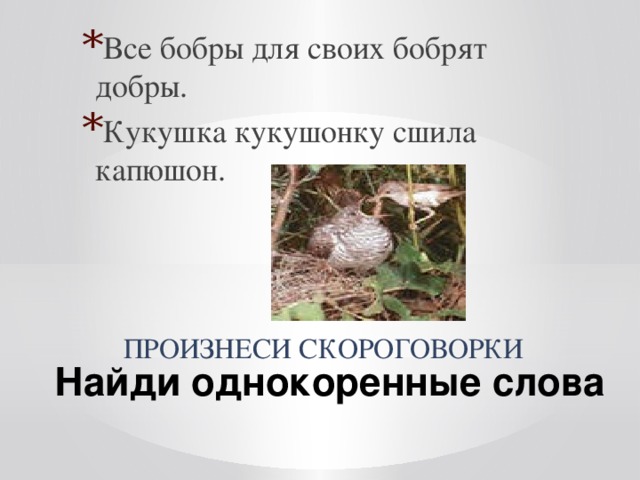 Все бобры для своих бобрят добры. Кукушка кукушонку сшила капюшон.   Найди однокоренные слова  Произнеси скороговорки 