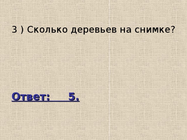 3 ) Сколько деревьев на снимке? Ответ: 5. 