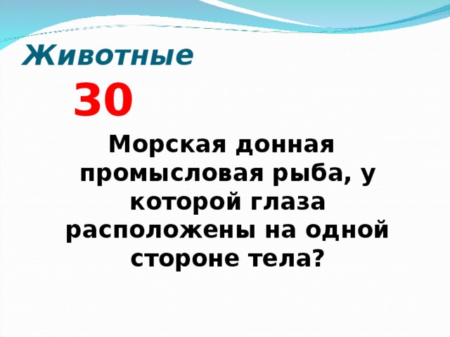 Животные 3 0 Морская донная промысловая рыба, у которой глаза расположены на одной стороне тела?  