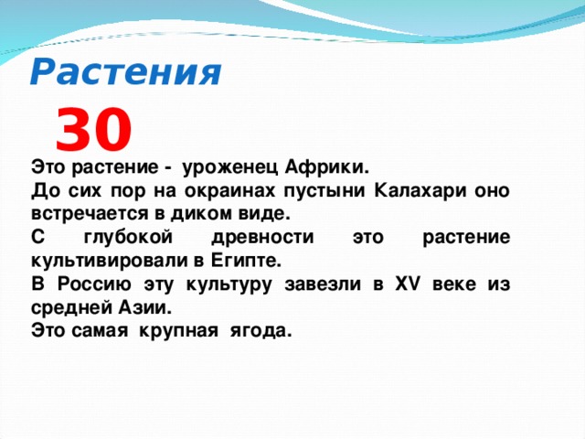 Растения  3 0 Это растение - уроженец Африки. До сих пор на окраинах пустыни Калахари оно встречается в диком виде. С глубокой древности это растение культивировали в Египте. В Россию эту культуру завезли в ХV веке из средней Азии. Это самая крупная ягода.  