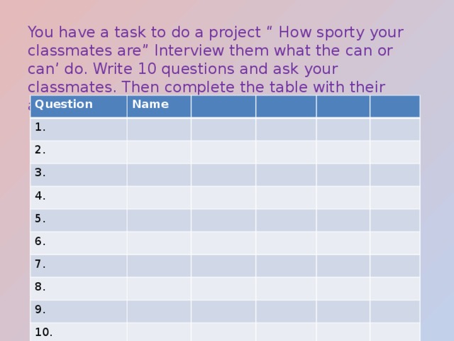 You have a task to do a project “ How sporty your classmates are” Interview them what the can or can’ do. Write 10 questions and ask your classmates. Then complete the table with their answers and write a report. Question Name 1. 2. 3. 4. 5. 6. 7. 8. 9. 10. 