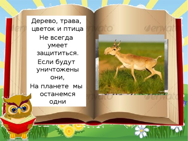 Дерево, трава, цветок и птица Не всегда умеет защититься. Если будут уничтожены они, На планете  мы останемся одни 
