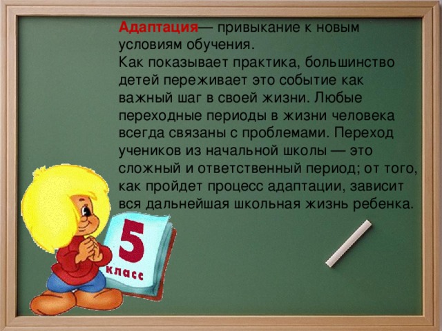 Адаптация — привыкание к новым условиям обучения. Как показывает практика, большинство детей переживает это событие как важный шаг в своей жизни. Любые переходные периоды в жизни человека всегда связаны с проблемами. Переход учеников из начальной школы — это сложный и ответственный период; от того, как пройдет процесс адаптации, зависит вся дальнейшая школьная жизнь ребенка.   