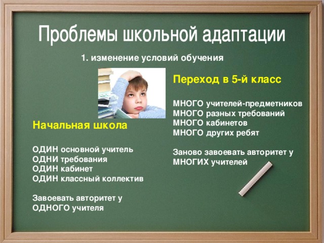 1. изменение условий обучения  Переход в 5-й класс  МНОГО учителей-предметников МНОГО разных требований МНОГО кабинетов МНОГО других ребят  Заново завоевать авторитет у МНОГИХ учителей   Начальная школа  ОДИН основной учитель ОДНИ требования ОДИН кабинет ОДИН классный коллектив  Завоевать авторитет у ОДНОГО учителя 
