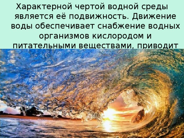 Характерной чертой водной среды является её подвижность. Движение воды обеспечивает снабжение водных организмов кислородом и питательными веществами, приводит к выравниванию температур во всём водоёме. 