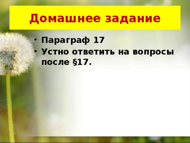 Домашнее задание Параграф 17 Устно ответить на вопросы после §17. 