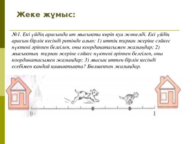 Жеке жұмыс: № 1. Екі үйдің арасында ит мысықты көріп қуа жөнелді. Екі үйдің арасын бірлік кесінді ретінде алып: 1) иттің тұрған жеріне сәйкес нүктені әріппен белгілеп, оны координатасымен жазыңдар; 2) мысықтың тұрған жеріне сәйкес нүктені әріппен белгілеп, оны координатасымен жазыңдар; 3) мысық иттен бірлік кесінді есебімен қандай қашықтықта? Бөлшекпен жазыңдар. 