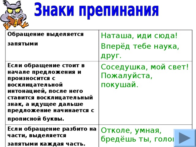 Обращение выделяется запятыми  Наташа, иди сюда! Вперёд тебе наука, друг.  Если обращение стоит в начале предложения и произносится с восклицательной интонацией, после него ставится восклицательный знак, а идущее дальше предложение начинается с прописной буквы.  Соседушка, мой свет! Пожалуйста, покушай. Если обращение разбито на части, выделяется запятыми каждая часть.  Отколе, умная, бредёшь ты, голова? 