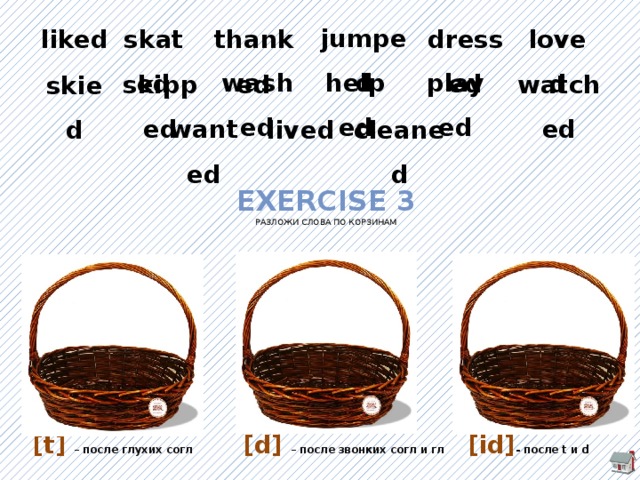 jumped liked skated dressed loved thanked washed helped played watched skipped skied wanted cleaned lived Exercise 3  разложи слова по корзинам [t] – после глухих согл  [d]  – после звонких согл и гл   [id] - после t и d 