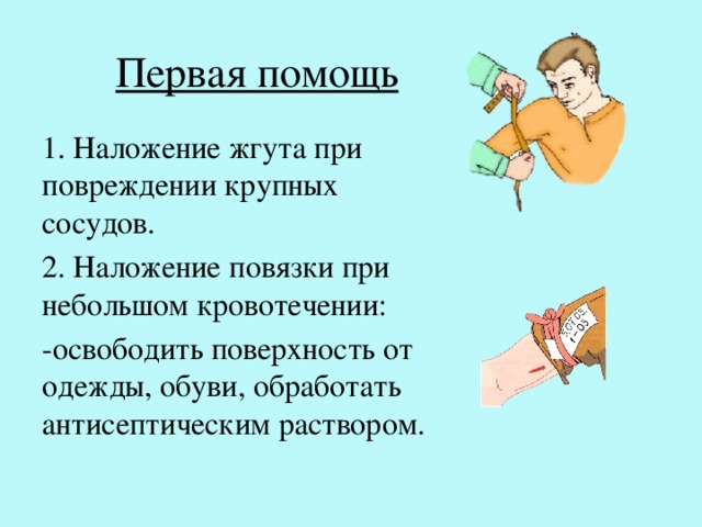 Первая помощь наложение повязок и жгутов. Принципы первой медицинской помощи при повреждении крупных сосудов. Первая помощь при ранении артерии. Первая помощь наложение жгута.