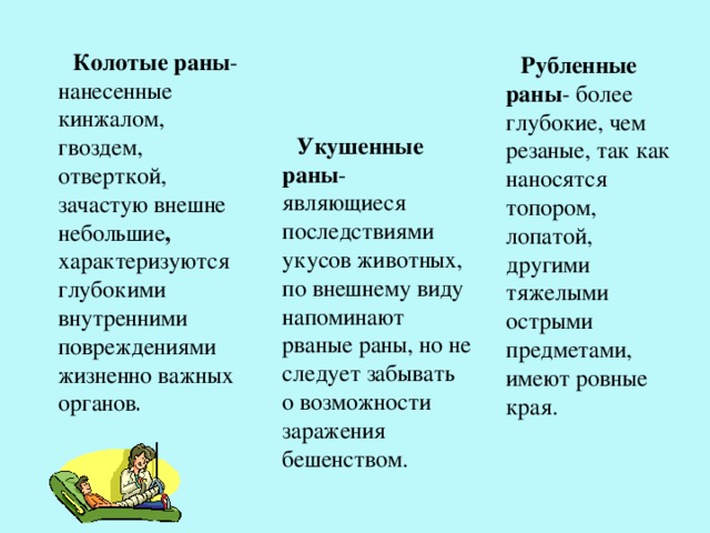  Колотые раны - нанесенные кинжалом, гвоздем, отверткой, зачастую внешне небольшие , характеризуются глубокими внутренними повреждениями жизненно важных органов .  Рубленные раны - более глубокие, чем резаные, так как наносятся топором, лопатой, другими тяжелыми острыми предметами, имеют ровные края.  Укушенные раны - являющиеся последствиями укусов животных, по внешнему виду напоминают рваные раны, но не следует забывать о возможности заражения бешенством. 