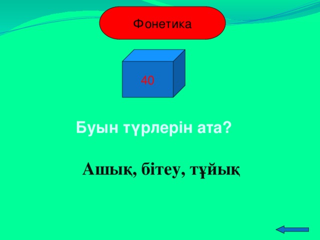 Фонетика 40 Буын түрлерін ата? Ашық, бітеу, тұйық  