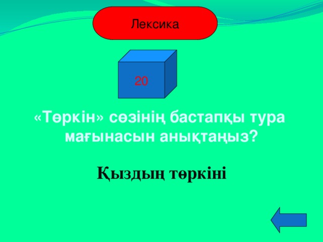 Лексика 20 «Төркін» сөзінің бастапқы тура мағынасын анықтаңыз? Қыздың төркіні  