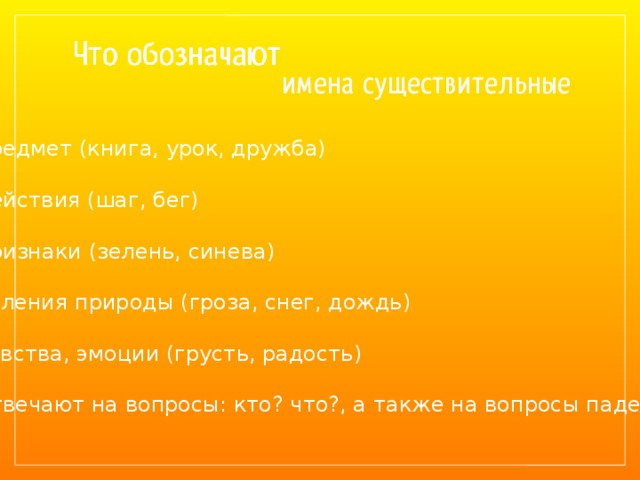 Предмет (книга, урок, дружба) Действия (шаг, бег) Признаки (зелень, синева) Явления природы (гроза, снег, дождь) Чувства, эмоции (грусть, радость) Отвечают на вопросы: кто? что?, а также на вопросы падежей 