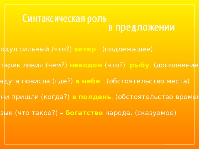 Подул сильный (что?) ветер . (подлежащее) Старик ловил (чем?) неводом (что?) рыбу . (дополнение) Радуга повисла (где?) в небе . (обстоятельство места) Они пришли (когда?) в полдень . (обстоятельство времени) Язык (что такое?) – богатство народа.  (сказуемое) 