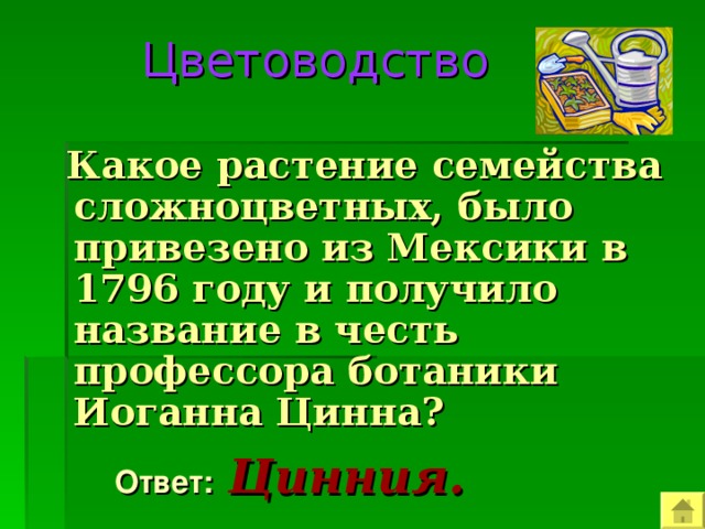  Цветоводство  Какое растение семейства сложноцветных, было привезено из Мексики в 1796 году и получило название в честь профессора ботаники Иоганна Цинна?  Ответ:  Цинния. 