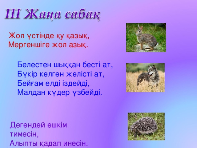  Жол үстінде қу қазық, Мергеншіге жол азық. Белестен шыққан бесті ат, Бүкір келген желісті ат, Бейғам елді іздейді, Малдан күдер үзбейді. Дегендей ешкім тимесін, Алыпты қадап инесін. 