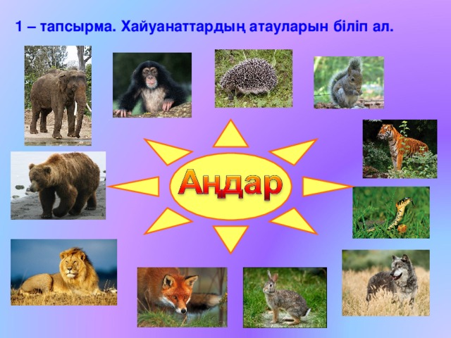 1 – тапсырма. Хайуанаттардың атауларын біліп ал. 
