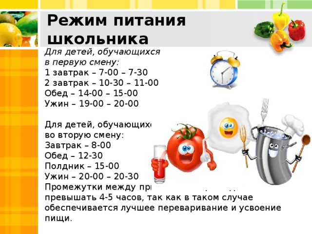 Режим питания школьника Для детей, обучающихся в первую смену: 1 завтрак – 7-00 – 7-30 2 завтрак – 10-30 – 11-00 Обед – 14-00 – 15-00 Ужин – 19-00 – 20-00 Для детей, обучающихся во вторую смену: Завтрак – 8-00 Обед – 12-30 Полдник – 15-00 Ужин – 20-00 – 20-30 Промежутки между приёмами пищи не должны превышать 4-5 часов, так как в таком случае обеспечивается лучшее переваривание и усвоение пищи.