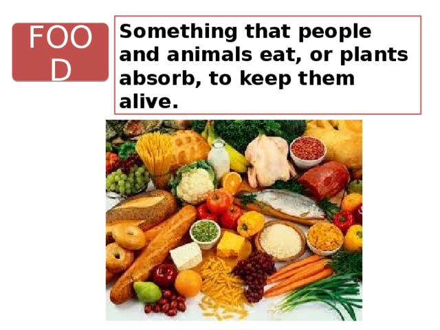 Something that people and animals eat, or plants absorb, to keep them alive. FOOD 
